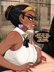 angry big_breasts boss_and_employee bravebengal dark-skinned_female dialogue domina glasses hair_bun indian indian_female interracial light-skinned_male mature_female milf office_lady overwatch pissed_off side_view tagme titjob vaira_singhania white_male