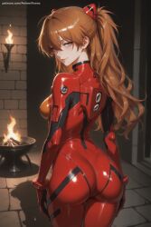 1girl ai_generated ass asuka_langley_sohryu blue_eyes bodysuit breasts from_behind gloves hair_ornament hi_res high_quality high_resolution interface_headset long_hair looking_at_viewer looking_back neon_genesis_evangelion orange_hair patreon plugsuit red_bodysuit seductive sexy shiny skin_tight solo souryuu_asuka_langley standing uncensored watermark