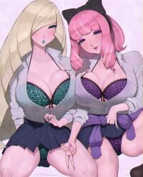 2girls animal_print big_breasts bimbo bimbo_lips bimbofication blonde_hair color gyaru gyaru_gal huge_breasts klara_(pokemon) leopard_print leopard_print_panties lifting_skirt light-skinned_female light_skin lusamine_(pokemon) mature_female milf pink_hair pokemon pokemon_sm pokemon_ss prostitution puritika school_uniform skirt skirt_lift solo_female