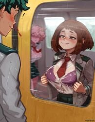 1girls akeowi exposed_breasts izuku_midoriya looking_at_another mina_ashido my_hero_academia ochako_uraraka school_uniform showing showing_breasts train training_room uniform_female uniforme wet_clothes