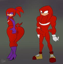 2boys anthro anus arm_length_gloves ass back_sac balls big_butt big_penis boots clothing echidna erection eyeshadow femboy footwear gay girly gloves high_heels knuckles_the_echidna makeup male_only mammal monotreme penis pranky sega sonic_(series)