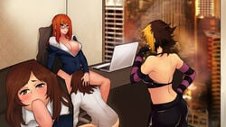 1boy 1futa 1girls ass balls blowjob bottomless breasts brown_hair cheating cleavage cuckold cuckquean curvy erection fellatio female femboysub futa_on_male futa_sans_pussy futa_with_female futanari futanari_penetrating gay_sex girly intersex knightgawain large_breasts male male_penetrated male_with_female netorare ntr oral orange_hair penis sissy stealth_oral stealth_sex trap under_desk