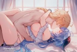 1boy 1girl aether_(genshin_impact) ai_generated bed bikini blonde_hair blue_hair blush breasts closed_eyes clothes_aside ganyu_(genshin_impact) genshin_impact hetero highres horns huge_breasts indoors kissing large_breasts long_hair missionary neck_kiss nipples nsfw on_back penetration purple_eyes sex shiny_skin stormiaart sweat uncensored vaginal window