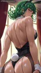1girl ai_generated alternate_breast_size alternate_muscle_size animal_ears ass ass_focus back backless_leotard bare_back bare_shoulders black_leotard black_pantyhose blush breasts brown_pantyhose curly_hair curtains dandanhub detached_collar fake_animal_ears fake_tail from_behind green_eyes green_hair huge_ass indoors large_breasts leotard looking_at_viewer looking_back median_furrow medium_breasts medium_hair muscular muscular_female one-punch_man pantyhose playboy_bunny rabbit_ears rabbit_tail shiny_skin short_hair shoulder_blades sideboob solo strapless strapless_leotard sweat tail tatsumaki toned torn_clothes torn_pantyhose window wrist_cuffs