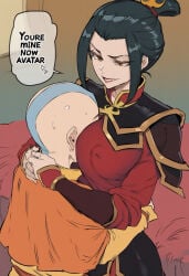 aang ai_generated armor avatar_the_last_airbender azula breast_press breast_squeeze clothes clothing crown_braid gudio-gudio head_between_breasts sidelocks tied_hair topknot