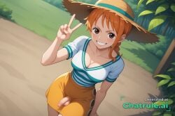 1girl ai_assisted ai_generated anime_coloring braided_pigtails chode cute_face dark_areolas detailed_penis dynamic_angle excessive_foreskin facing_viewer flaccid_penis freckles futa futanari inverted_nipples light_brown_eyes limp_penis long_hair naked nami_(one_piece) nude one_piece phimosis seductive_pose small_penis solo solo_futa source_anime straw_hat teenager tiny_penis