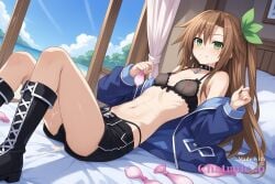 1girl after_sex ai_assisted ai_generated bare_shoulders beach bedroom black_lingerie black_stockings brown_hair choker closed_mouth condom cum_covered cum_on_body cum_on_clothes cum_on_face dutch_angle filled_condom green_bow green_eyes highres holding_used_condom hyperdimension_neptunia if_(neptunia) laying_on_back laying_on_bed long_hair looking_at_viewer messy_hair night nipples on_back one_side_up outdoors panties_aside pleasure ribbon shocked_eyes sitting small_breasts smile solo source_anime sunny thick_cum tiny_tits white_curtains