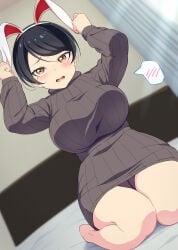 1girl absurdres animal_ears black_hair breasts brown_eyes commentary_request dress fake_animal_ears grey_dress highres kneeling large_breasts long_sleeves mole mole_under_eye on_bed open_mouth original panties pantyshot ribbed_dress sakamata_(sakamata4) solo spoken_blush sweater sweater_dress underwear zipper_panties