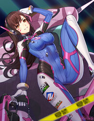 bodysuit brown_eyes brown_hair caution_tape d.va erect_nipples facepaint facial_mark female gloves gun headphones holding impossible_clothes knee_up long_hair looking_at_viewer lying meka on_back overwatch pilot_suit pistol ririko_(zhuoyandesailaer) skin_tight solo weapon whisker_markings white_gloves