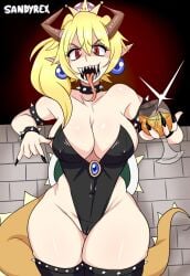 2d 2d_(artwork) big_breasts blonde blonde_female blonde_hair blonde_hair_female bowsette breasts camel_toe cameltoe clothed clothed_female clothing crown ear_ring ear_rings female female_focus female_only fully_clothed fully_clothed_female hand_gesture holding_drink horns huge_breasts leaning leaning_against_wall leaning_back leaning_backward long_hair looking_at_viewer mario_(series) mouth_open nipple_bulge open_mouth ponytail pose posing sandyrex shiny shiny_skin skimpy skimpy_clothes skimpy_outfit solo solo_female solo_focus tail thick_thighs thighhighs tongue tongue_out watermark