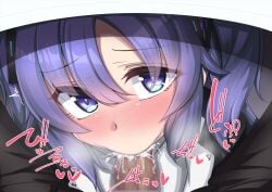 1boy 1girls blowjob blue_archive blue_eyes blue_hair blush cum cum_in_mouth ebon fellatio female looking_at_viewer male millennium_science_school_student oral penis under_the_table yuuka_(blue_archive)