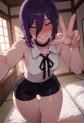 1girl ai_generated artist_name bare_shoulders black_choker black_shorts blush breasts chainsaw_man choker collared_shirt futon green_eyes grin hair_between_eyes indoors looking_at_viewer neck_ribbon patreon patreon_logo patreon_username purple_hair reze_(chainsaw_man) ribbon selfie shirt short_hair short_shorts shorts shouji sleeveless sleeveless_shirt sliding_doors small_breasts smile solo tagme_(artist) tatami thigh_gap thighs white_shirt