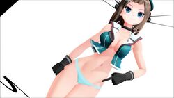 3d black_gloves blue_eyes breasts brown_hair cleavage cowboy_shot female gloves headgear kantai_collection looking_at_viewer maya_(kantai_collection) mikumikudance navel no_bra open_clothes open_shirt panties shirt simple_background solo standing thighs white_background