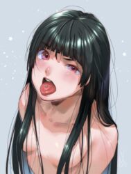 black_hair breasts hair_over_breasts kamiyama_aya nude pink_eyes tongue_out tongue_piercing