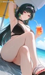 1girls ai_generated ass ass_focus astra_yao black_hair looking_at_viewer pussy red_eyes shineinsfw smile solo uncensored wet zenless_zone_zero