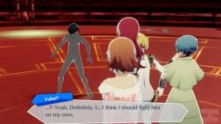 3d_(artwork) aigis_(persona) before_sex blue_hair brown_hair bunnxarts choker clothes clothes_on dialogue dialogue_box erect_penis erection fuuka_yamagishi grey_hair mitsuru_kirijo naked naked_male nude nude_male persona persona_3 red_hair robot robot_girl shadow shadow_(persona) text white_eyes yellow_hair yukari_takeba