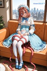 1girl ai_assisted ai_generated belly_button blue_bowtie blue_eyes blue_headband blue_ribbon brown_hair cafe cityscape cozy day full_body gaping_pussy gentle_smile hand_on_lap hand_rest indoors legs_together light_blue_dress looking_at_viewer multiple_penetration nakano_miku naked navel quintessential_quintuplets sitting_on_couch small_breasts sunlight tentacle_rape triple_penetration vaginal_penetration window