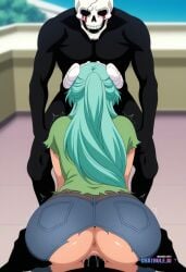 1girl ai_assisted ai_generated anime_screencap balcony behind_view brown_eyes collar doggystyle embarrassed facial_mark gangbang green_hair jeans long_hair mature_female nelliel_tu_odelschwanck outside parted_bangs ponytail pov pussy_sex saliva screaming shaking skull standing