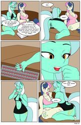 2016 anthro anthrofied anus blush bonbon_(mlp) breasts candy clothed clothing comic cutie_mark dekomaru dialogue earth_pony english_text equine female food friendship_is_magic fur furry green_fur green_hair green_pussy hair horn horse lyra_heartstrings_(mlp) mammal my_little_pony navel page_13 page_number pony pussy tan_fur text thehotroom unicorn unicorn_horn upskirt