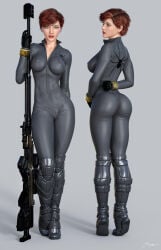 1girls 3d ass big_ass big_breasts black_widow_(marvel) breasts female gun marvel nipple_bulge red_hair short_hair solo tiangtam