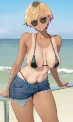 ai_generated areola areola_peek areola_slip areolae areolae_peeking areolae_slip athletic athletic_female bikini bikini_strap blonde_hair brown_eyes cropped_legs gyaru looking_at_viewer medium_breasts navel presenting_self pubic_hair pubic_hair_peek sagging_breasts short_hair sunglasses tan_body tan_skin tan_stripes tanned_female two-tone_hair underwear_strap