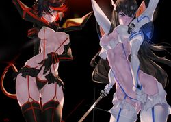 2girls abs adjusting_clothes armor bakuzan black_background black_hair blue_eyes blush breasts cleavage embarrassed female female_only highres holding holding_weapon junketsu katana kill_la_kill kiryuuin_satsuki large_breasts long_hair looking_to_the_side matoi_ryuuko multiple_girls navel red_hair revealing_clothes scissor_blade senketsu short_hair siblings sisters sweat sword underboob weapon yang-do