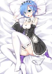 bed_sheet between_legs blue_eyes blue_hair breasts cleavage female hair_ornament hair_ribbon hand_between_legs headdress highres indoors lying masturbation on_side open_mouth panties panties_removed pillow pink_ribbon re:zero_kara_hajimeru_isekai_seikatsu rem_(re:zero) ribbon rong_yi_tan short_hair solo thighhighs underwear white_legwear white_panties x_hair_ornament