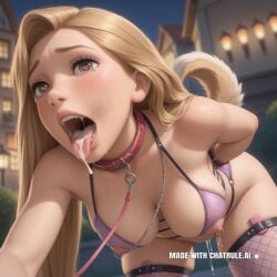 1girl ai_assisted ai_generated big_breasts bikini bite_gag blond_hair blurred_background bondage_harness close_up crying cum_dripping_from_pussy cum_in_mouth detailed_background dog_collar dripping_cum drooling erect_nipples face_focus front_view fur_cuffs green_eyes hands_tied_behind_back heart_eyes heart_shaped_eyes leash looking_at_viewer micro_bikini micro_skirt naked nipple_chain pink_dress public_park rapunzel_(tangled) standing sticking_tongue_out transparent_bikini vibrator_in_pussy