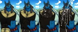 anthro balls bara barazoku bobert boner cum erection erection_under_clothes furry hyper hyper_balls hyper_penis lucario male male_only muscles muscular nintendo orgasm penis pokemon solo solo_male