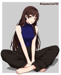 aged_up alternate_hairstyle artist_logo artist_name artist_request artist_signature asian asian_female barefoot bob_cut brown_hair crossed_legs long_hair looking_at_viewer makoto_niijima medium_breasts persona persona_5 queen red_eyes sfw sitting sitting_position sleeveless_shirt tagme turtleneck turtleneck_sweater video_game_character white_background