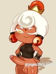 balls ballsack bells candy_drop_cookie clothed cookie_run cookie_run:_tower_of_adventures futa futa_only futanari orange_skin penis penis_out smirk white_hair wink winking yellow_eyes