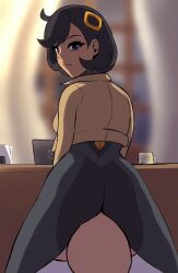 1boy 1girls 2d 2d_animation :3 animated ass bodysuit emma_(pokemon) face_grinding face_riding facesitting female gif grinding leonhenthighs looking_back male matiere_(pokemon) nintendo pokemon pokemon_legends:_z-a