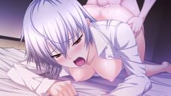 1boy 1girl ahoge all_fours anekouji_naoko_to_giniro_no_shinigami arm_rest bare_legs barefoot bed_sheet breasts breasts_out buttons clenched_hand cum cum_on_ass cum_on_body dress_shirt game_asset grabbing_another's_ass groping half-closed_eyes highres indoors kirsti_ylianttila large_breasts naked_shirt night nipples non-web_source nude on_bed open_clothes open_mouth open_shirt orange_eyes self-datamine sheet_grab shironeko_sanbou shirt top-down_bottom-up white_hair white_shirt