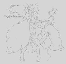 1boy 1futa balls ballsack big_breasts big_cock big_nipples big_penis breasts busty_boy busty_male cock deltarune dialogue erect_penis erection front_view furry furry_male futanari heavy_balls huge_breasts huge_cock huge_nipples huge_penis hyper hyper_breasts hyper_penis j8_(cakebatterbossmonster) long_cock long_nipples long_penis male male_with_breasts nipples original_character penis precum precum_drip precum_string puffy_nipples simple_background sketch standing text transformation undertale_(series) veiny_penis virovirokun vr457