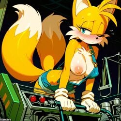(titancore) ai_generated big_breasts blushing breasts_out curvy_figure cute_girl dirty_body female fox fox_ears fox_humanoid furry garage gender_transformation girl miles_prower multicolored_tails overalls revealing_body revealing_clothes rule_63 sonic_(series) sweatdrop tails_the_fox tailsko transformation video_game_character working_girl