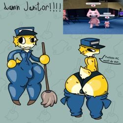animal_hospital anthro boogieworm42 janitor jumpsuit jumpsuit_down mop original_character sweat sweating sweaty_body tagme yellow_body