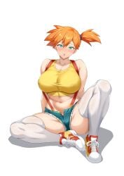 :o alternate_breast_size aqua_eyes asymmetrical_hair bare_shoulders blue_eyes blush breasts covered_erect_nipples creatures_(company) crop_top curvy cutoffs denim denim_shorts female female_focus full_body game_freak gym_leader highres huge_breasts kasumi_(pokemon) large_breasts looking_at_viewer midriff navel nintendo nipples open_mouth orange_hair pokemon pokemon_(anime) pokemon_(classic_anime) ponytail ranhatu shiny_skin shirt shoes short_hair short_shorts shorts side_ponytail simple_background sitting sneakers solo spread_legs suspenders tank_top thick_thighs thighhighs thighs white_thighhighs wide_hips yellow_shirt yellow_tank_top