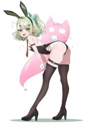1girls absurdres aqua_hair ass bare_shoulders black_bow black_gloves black_leotard black_shoes blush bow breasts brown_thighhighs bunnysuit collar detached_collar embarrassed flustered gloves high_heels high_resolution highres legwear leotard long_hair looking_at_viewer necktie open_mouth quad_tails rabbit_tail shoes shusuchii simple_background sunna_(zenless_zone_zero) sweat sweatdrop tail thighhighs thighs white_background white_collar white_wrist_cuffs wrist_cuffs zenless_zone_zero