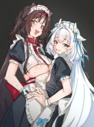 2girls animal_collar antlers apron bibi_biscuit blue_bow blue_eyes bow breasts collar commentary deer_antlers deer_girl female female_only hakushika_iori horns interlocked_fingers long_hair maid maid_headdress multiple_girls open_mouth phase_connect red_collar sweat tilt-shift_(azalanz) twitter_username untranslatable_commentary virtual_youtuber white_apron white_hair white_wrist_cuffs wrist_cuffs yuri