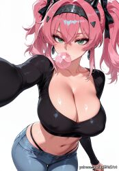 1girl 2026 ai_generated anime bangs black_panties black_shirt boobs bow breasts bubble_blowing chewing_gum cleavage collarbone covered_nipples crop_top crossed_bangs crossover demon_horns denim earrings eye_contact female female_focus green_eyes hair_accessory hair_between_eyes hair_bow hairband highleg highleg_panties highres horns huge_breasts jeans jewelry large_breasts long_hair long_sleeves looking_at_viewer lupa_(wuthering_waves) midriff navel nsfw panties pants parted_lips patreon pigtails pink_hair reaching_towards_viewer rognezart selfie shiny shiny_skin shirt simple_background solo thong twintails underwear very_long_hair white_background wuthering_waves