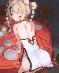 1boy 1girls absurdres amanogawa_shiina arm_support ass bent_over black_shirt braid breasts center-flap_bangs chinese_clothes chocosong chopsticks closed_eyes colored_inner_hair commentary_request commission doggy_style double-parted_bangs double_bun dress eyes_closed from_behind grey_hair hair_bun hair_ornament hairclip heart high_resolution highres implied_sex indoors leaning leaning_forward long_hair looking_at_viewer looking_back multicolored_hair open_mouth penetration phase_connect pixiv_commission plate pov purple_eyes purple_hair purple_streaks qipao sex sex_from_behind shirt short_dress sleeveless sleeveless_dress small_breasts solo_focus sound_effects standing_doggystyle streaked_hair sweat sweatdrop symbol_in_eye table twin_braids virtual_youtuber white_dress