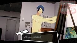 1boy 3d_(artwork) bedroom blue_eyes blue_hair bunnxarts creating_art dialogue_box erect_penis erection looking_at_another naked naked_male nude nude_male painting persona persona_5 yusuke_kitagawa