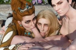 1boy 3d 3girls anna_henrietta arcasad big_penis black_hair blonde_hair blowjob breasts cd_projekt_red crown earrings fellatio female kneeling_oral_position light-skinned_female light-skinned_male light_skin looking_at_viewer male mascara necklace nipples oral oral_penetration oral_sex penis sucking_balls sucking_penis sucking_testicles syanna testicles the_witcher_(series) the_witcher_3:_blood_and_wine the_witcher_3:_wild_hunt vivienne_de_tabris