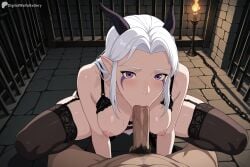 1boy 1girl :>= ai_generated black_bra black_thighhighs blush bra breasts chain digitalwaifugallery erection fellatio garter_belt garter_straps hetero hi_res high_quality high_resolution horns large_breasts long_hair looking_at_viewer male_pubic_hair nipples oral panties patreon patreon_username penis pointy_ears pov pubic_hair purple_eyes rayla_(the_dragon_prince) seductive sexy solo_focus spread_legs squatting sweat the_dragon_prince thighhighs uncensored underwear watermark white_hair