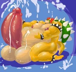 anthro balls bara barazoku belly big_belly bobert boner bowser cum erection hyper hyper_balls hyper_penis male male_only mario_(series) muscles muscular nintendo nipples nude orgasm overweight penis scalie solo solo_male turtle