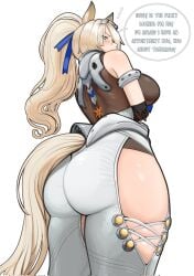 2026 accessory animal_humanoid armor armwear big_breasts big_butt biped blonde_eyebrows blonde_hair blue_eyes blue_ribbon blush blush_lines bottomwear breasts brown_armwear brown_clothing brown_shirt brown_topwear butt butt_focus clothed clothed_female clothed_humanoid clothing crossed_arms dialogue dipstick_ears ear_markings english_text equid equid_humanoid equine equine_humanoid eye_through_hair eyebrow_through_hair eyebrows eyelashes female female_humanoid furgonomic_bottomwear furgonomic_pants furgonomics grey_ear_tips grey_ears hair hair_accessory hair_ribbon hi_res horse_humanoid humanoid long_hair looking_at_viewer looking_back looking_back_at_viewer looking_down looking_down_at_viewer low-angle_view mammal mammal_humanoid markings mihoyo multicolored_ears pants ponytail ribbons shirt sigrid_de_l'azur simple_background solo speech_bubble standing tail talking_to_viewer tan_ears tan_tail text thigh_cutout three-quarter_view topwear translucent translucent_hair two_tone_ears white_background white_bottomwear white_clothing white_pants white_text x_e11e zenless_zone_zero