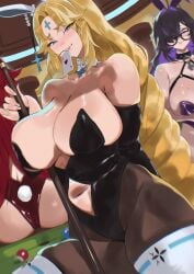 2d 2d_(artwork) 2d_artwork 3girls belly belly_button big_breasts billiard_ball billiard_table billiards blonde_female blonde_hair blonde_haired_female blonde_haired_woman blush blush_lines blushing blushing_at_viewer blushing_female bunny_ears bunny_girl bunny_tail bunnygirl card choker color cross cross_symbol eyebrows eyebrows_visible_through_hair eyelashes eyelashes_through_hair female_focus fingernails fingers glasses glasses_on_face goddess_of_victory:_nikke heart heart-shaped_pupils heart_symbol hirosenpai holding_object label_(nikke) long_blonde_hair long_hair mole mole_on_breast nikke not_ai not_ai_generated not_furry object_in_mouth playing_card pool_cue pool_table rapunzel_(nikke) rapunzel_(pure_grace)_(nikke) red_hair red_hair_female red_hood_(nikke) seductive_look shift_up sitting_on_table yellow_hair