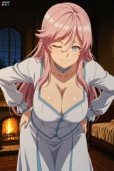 1boy 1girl ;) absurdres adult ai_assisted ai_generated bangs bed bent_over big_breasts blue_eyes breasts choker cleavage closed_mouth collarbone dress female fireplace flare_arlgrande_jioral frilled_choker frills hair_between_eyes hands_on_hips heeven highres indoors kaifuku_jutsushi_no_yarinaoshi large_breasts leaning_forward long_hair long_sleeves looking_at_viewer male mature night one_eye_closed patreon patreon_username perfect_body pink_hair sensitive smile solo uncensored white_choker white_dress window