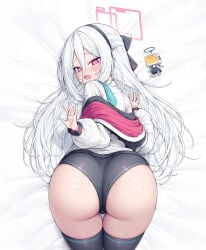 1girls ass ass_focus black_hairband black_thighhighs blue_archive blue_necktie blush bow commentary double-parted_bangs embarrassed hair_between_eyes hair_bow hairband half_updo halo highres jacket jacket_partially_removed kei_(blue_archive) kei_(student)_(blue_archive) korean_commentary long_hair_between_eyes looking_at_viewer looking_back loosely_tucked_bangs metaljelly multicolored_jacket necktie on_bed open_mouth pink_eyes pink_halo rectangular_halo short_shorts shorts spiral_eyes thick_thighs thighhighs thighs two-tone_jacket white_hair white_jacket