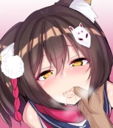 1boy 1girls allied_hyakkiyako_academy_student blue_archive blush cum cum_in_mouth ebon female finger_in_mouth heart-shaped_pupils izuna_(blue_archive) looking_at_viewer male open_mouth stray_pubic_hair